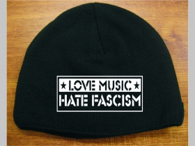 Love Music Hate Fascism čierna pletená čiapka stredne hrubá vo vnútri naviac zateplená, univerzálna veľkosť, materiálové zloženie 100% akryl